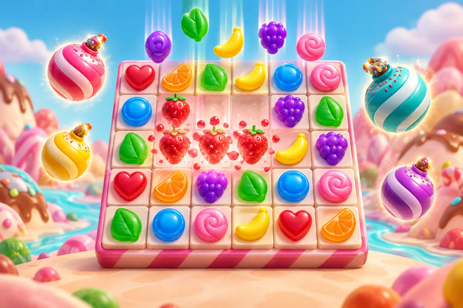 Πρωτότυπη εικονογράφηση grid 6 επί 5, tumbling candies και multiplier bombs